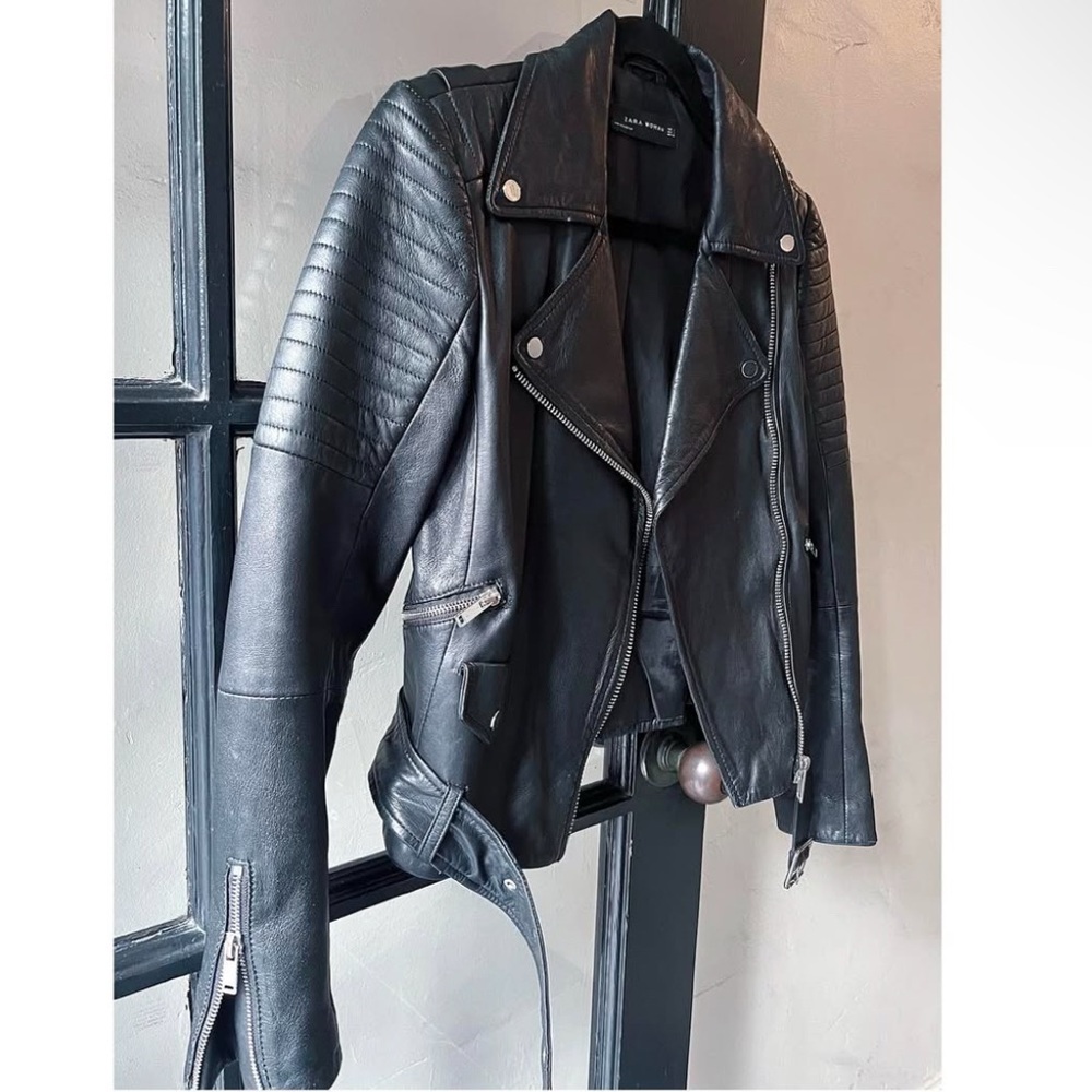 ZARA Genuine Leather Motorcycle Jacket Size S – Black - Like New! - Picture 3 of 6